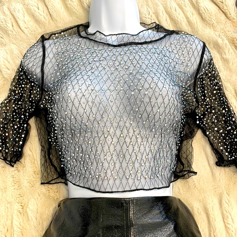 Fashion Nova Mesh Rhinestone Top Size Medium
